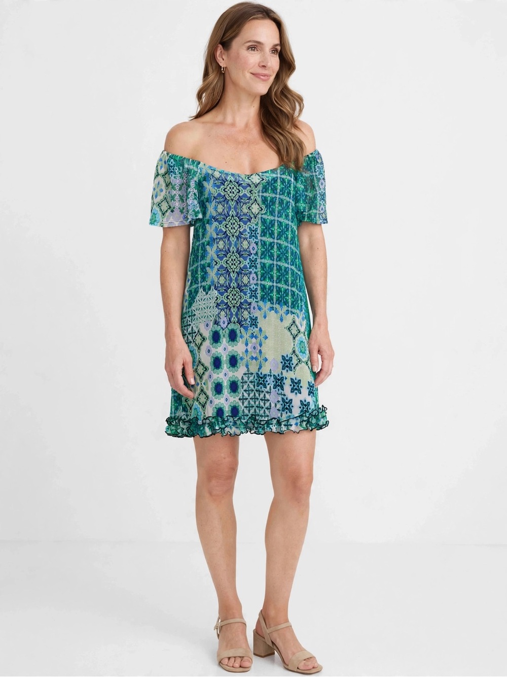 Robbie Bee Teal and Blue Off-Shoulder Printed Mini Dress